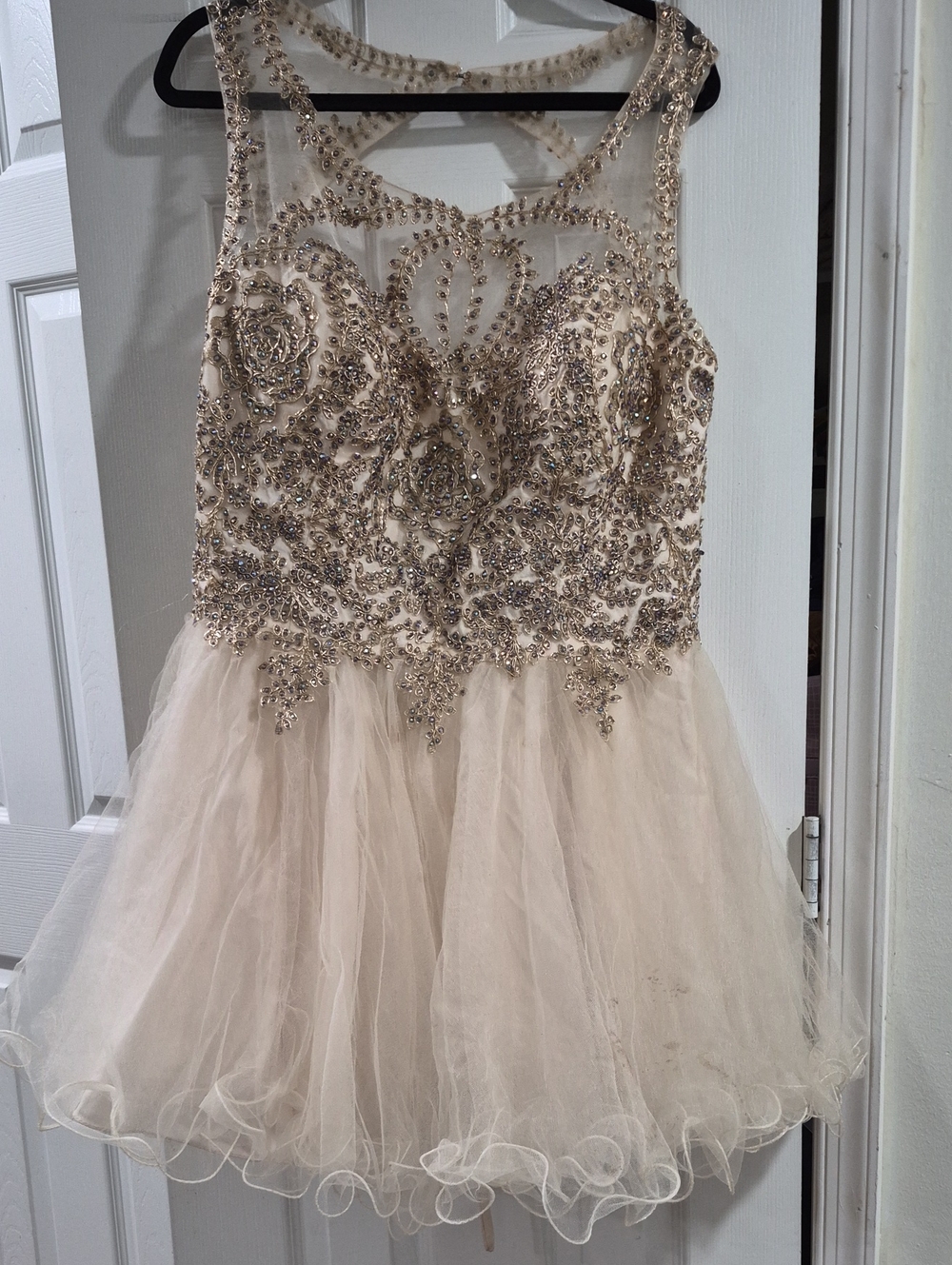 Beaded Illusion Bodice Tulle Cocktail Dress in Champagne Size XXXL